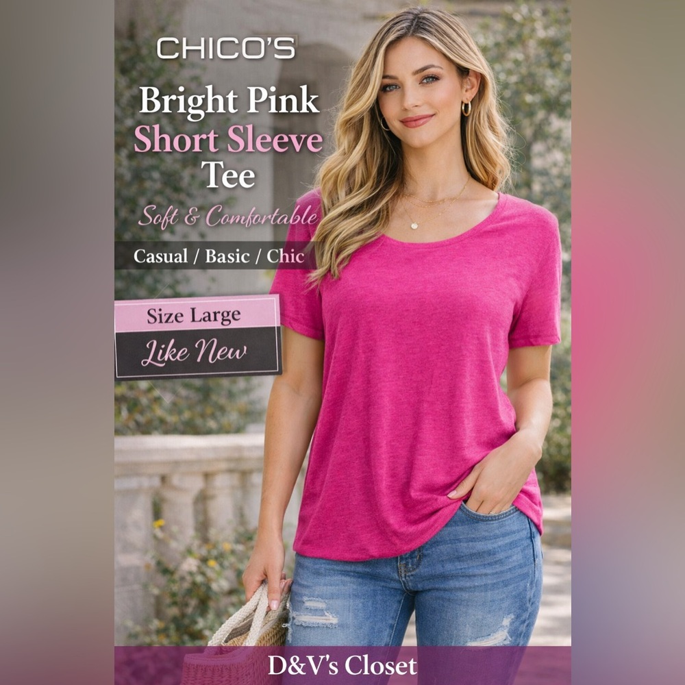 Chico’s Bright Pink Short Sleeve Tee Size L | Soft Casual Basic Top Lightweight